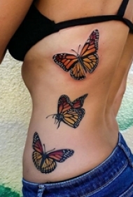 3d蝴蝶纹身 女生侧腰上彩色的蝴蝶纹身图片