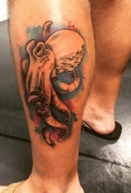章鱼纹身 男生小腿上彩色的章鱼纹身图片