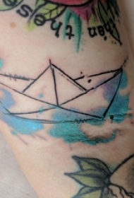 纹身小帆船 男生小腿上水彩帆船纹身图片