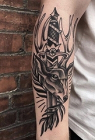 欧美匕首纹身 男生手臂上欧美匕首纹身和鹿头纹身图片