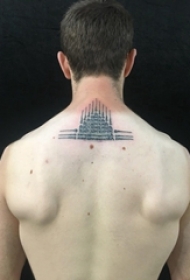 男生颈后黑色点刺技巧几何简单线条建筑物纹身图片