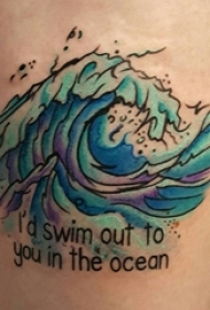 小腿彩绘天蓝色抽象线条水浪花有意义的英文短句纹身图案