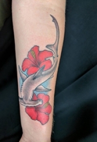男生手臂上彩绘简单线条植物花朵和鲨鱼纹身图片
