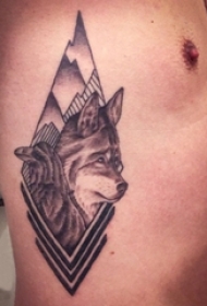 男生侧腰上黑灰素描点刺技巧创意狼纹身图片
