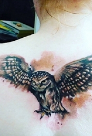 女生后背上黑色点刺简单线条小动物猫头鹰纹身图片