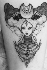 女生手臂上黑灰色点刺技巧线条人物肖像纹身图片