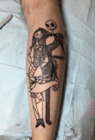 男生手臂黑白色线条骷髅人纹身图片