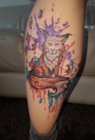 百乐动物纹身 男生小腿上彩色的狐狸纹身图片