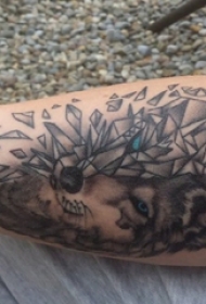 男生手臂上黑色点刺几何简单线条拼接小动物狼纹身图片