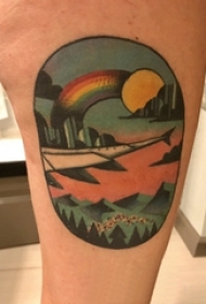 男生手臂上彩绘水彩唯美风景落日彩虹纹身图片