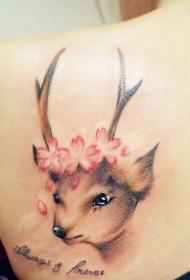 肩部唯美的小鹿花朵字母彩色纹身图案