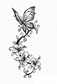 黑色的蝴蝶和植物藤花朵的简单线条纹身手稿