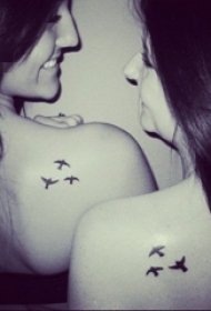 闺蜜背部黑色简约轮廓创意小鸟纹身图片