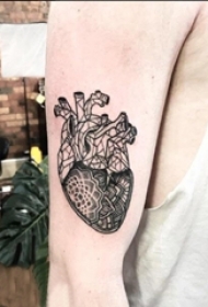 男生手臂上黑色点刺简单线条花朵心脏纹身图片