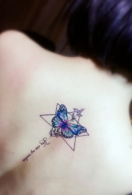 后背个性彩绘蝴蝶几何纹身图案