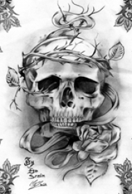 黑灰素描创意恐怖骷髅唯美玫瑰纹身手稿