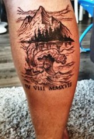 山水纹身图案 男生小腿上山水纹身图案