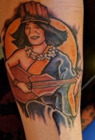 彩绘纹身 男生小腿上吉他和人物纹身图片