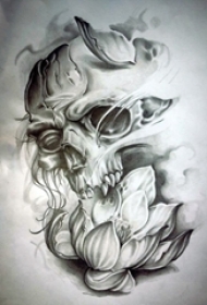 黑灰素描唯美莲花骷髅创意霸气精致纹身手稿