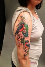 女生手臂上彩绘植物花朵和小鸟纹身图片