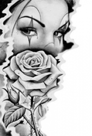 黑色素描唯美女生人像和玫瑰纹身手稿