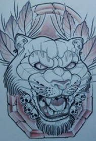 黑色线条素描创意霸气豹子头纹身手稿