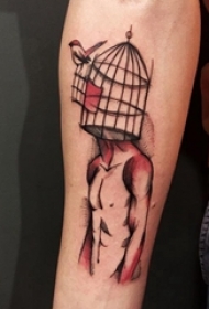 男生手臂上红黑素描点刺技巧创意超现实主义抽象人物纹身图片