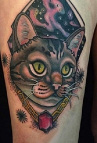 女生大腿上彩绘水彩素描创意可爱猫咪纹身图案
