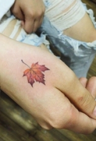 女生手背上彩绘渐变植物素材枫叶纹身图片