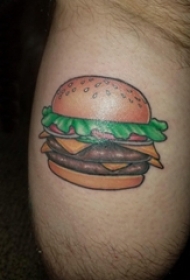 男生大腿上彩绘简单线条美味食物汉堡包纹身图片