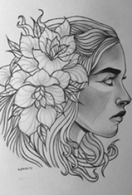 黑灰素描创意唯美花朵精致女生肖像纹身手稿