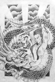 多款黑灰素描点刺技巧创意霸气武士和龙纹身手稿