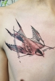 男生胸部黑灰点刺几何线条三角形和小鸟纹身图片