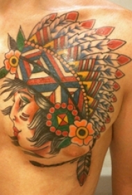 男生胸部彩绘渐变几何简单线条花朵和人物纹身图片