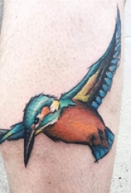 男生小腿上彩绘简单线条小动物鸟纹身图片
