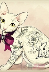 彩绘水彩创意唯美花纹可爱猫咪纹身手稿