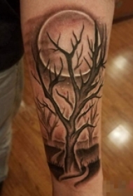 男生手臂上黑灰点刺技巧植物素材树枝和月亮纹身图片