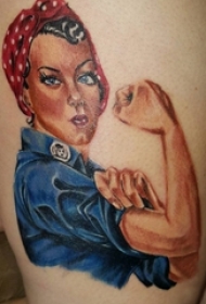人物肖像纹身 女生大腿上彩色的人物肖像纹身图片