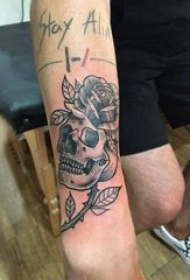 骷髅花朵纹身图案 男生手臂上玫瑰和骷髅纹身图片
