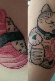 男生小腿上彩绘简单线条猫咪和寿司食物纹身图片
