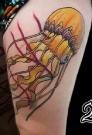 女生大腿上彩绘技巧动物抽象线条水母纹身图片