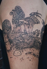男生手臂上黑色几何抽象线条植物蘑菇纹身图片
