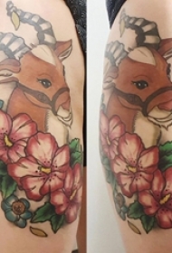 女生大腿上彩绘渐变简单线条植物花朵和小动物鹿纹身图片