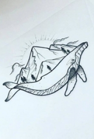 黑色线条创意海豚唯美群山纹身手稿