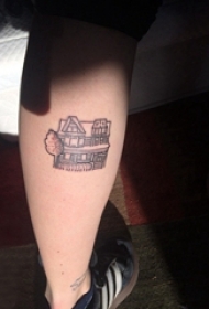 建筑物纹身 男生小腿上黑色的建筑物纹身图片