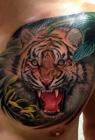 胸部写实老虎植物彩绘纹身图案