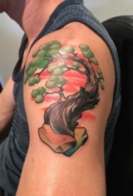 男生手臂上彩绘渐变植物素材大树纹身图片