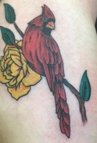 男生大腿上彩绘简单线条花朵和鸟纹身图片