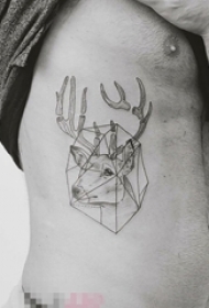 男生侧腰上黑色线条几何元素鹿头纹身图片