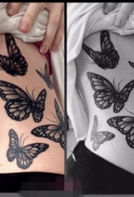 女生侧腰上黑白点刺技巧小动物几何元素蝴蝶纹身图片
